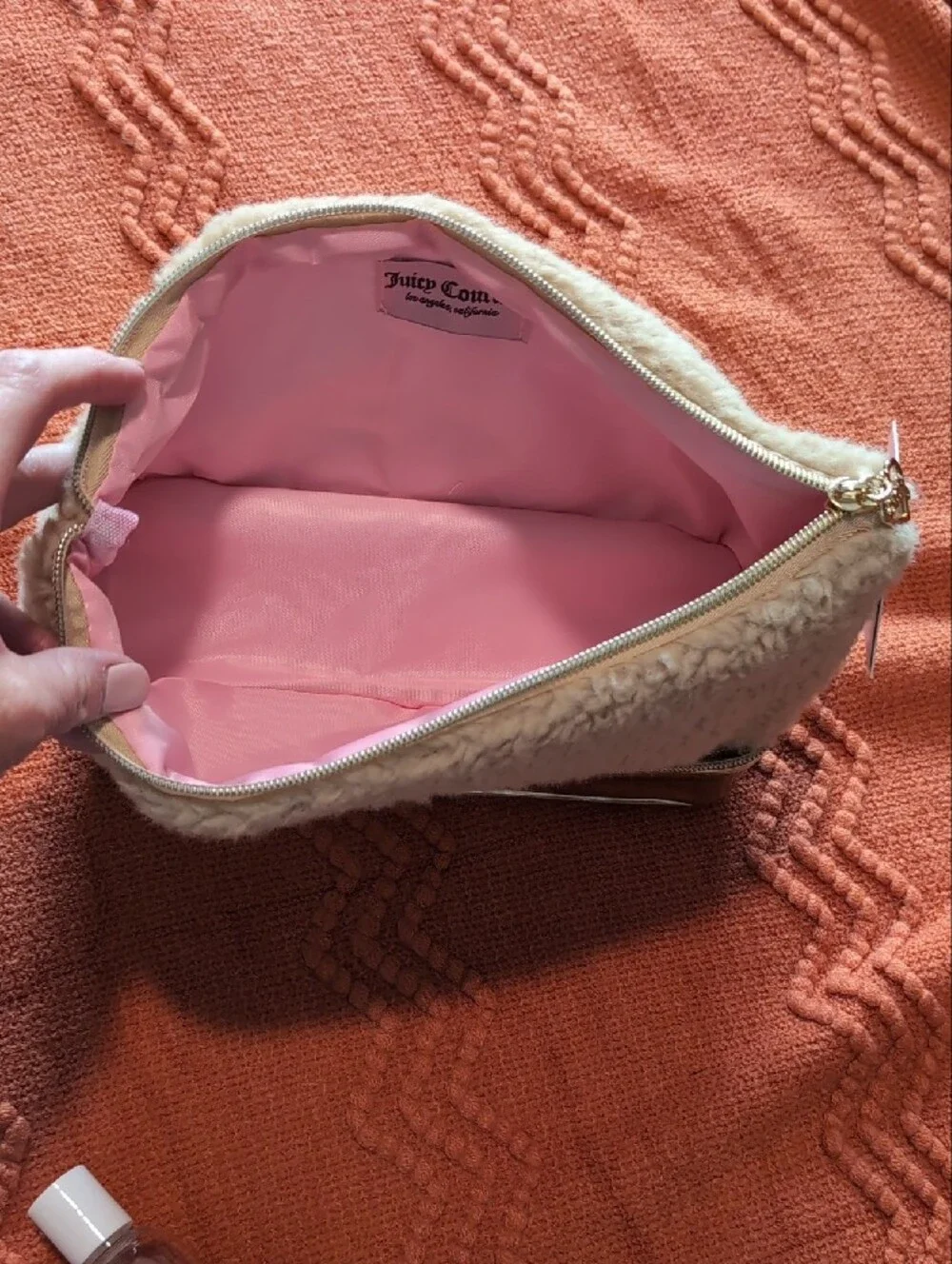 Juicy Couture Faux Fur & Metallic Cosmetic Pouch - Cream and Rose Gold